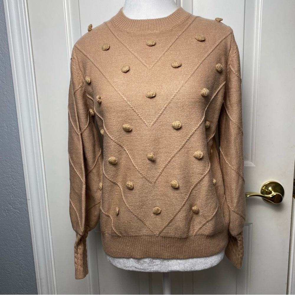 Simplee super soft textured balloon sleeve camel crewneck sweater Large